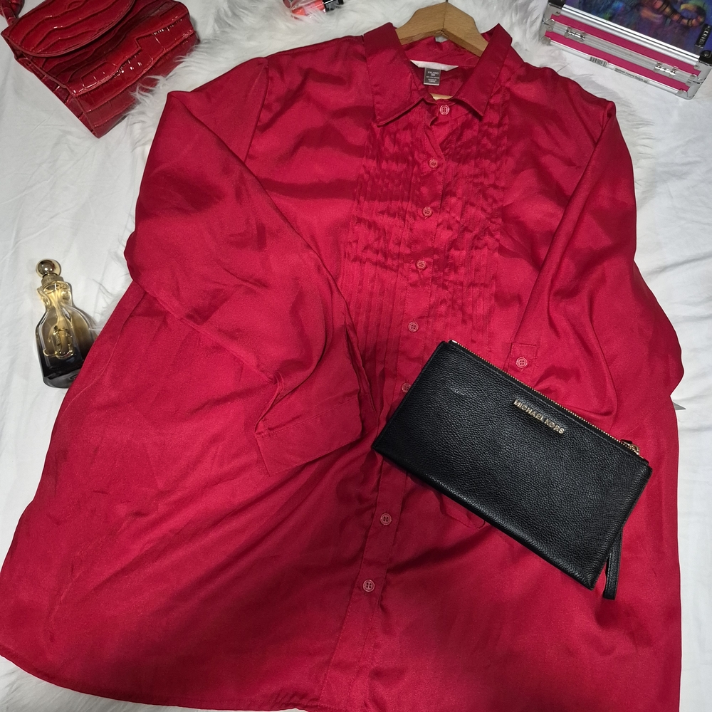 Michael Kors Red Blouse with Black Clutch